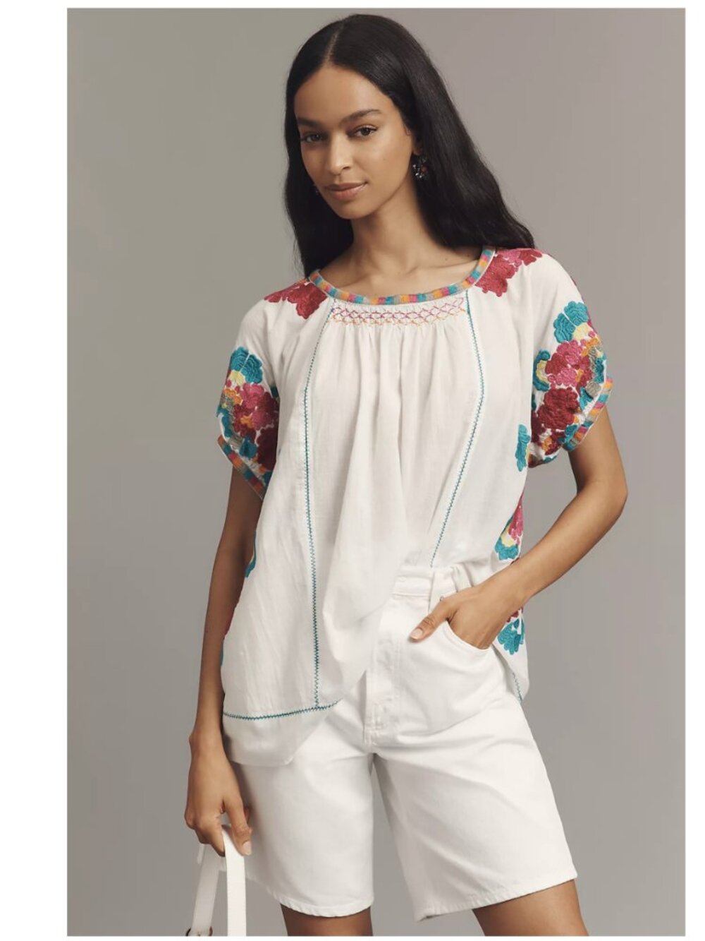 By Anthropologie Short-Sleeve Embroidered Tunic Top Oversized 100% Cotton XS